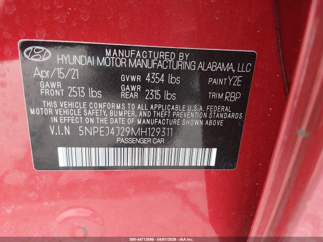 5NPEJ4J29MH129311 Hyundai Sonata Sel Plus
