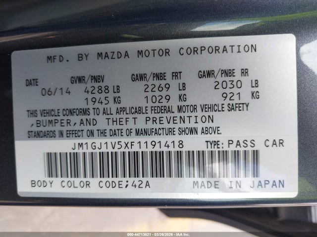 Продажа на аукционе авто 2015 Mazda Mazda6 I Touring, vin: JM1GJ1V5XF1191418, номер лота: 44713621