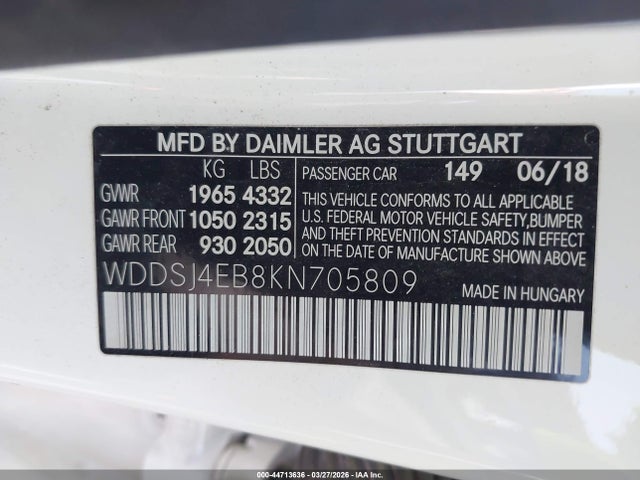 Aukcja sprzedaży 2019 Mercedes-benz Cla 250, vin: WDDSJ4EB8KN705809, numer aukcji: 44713636