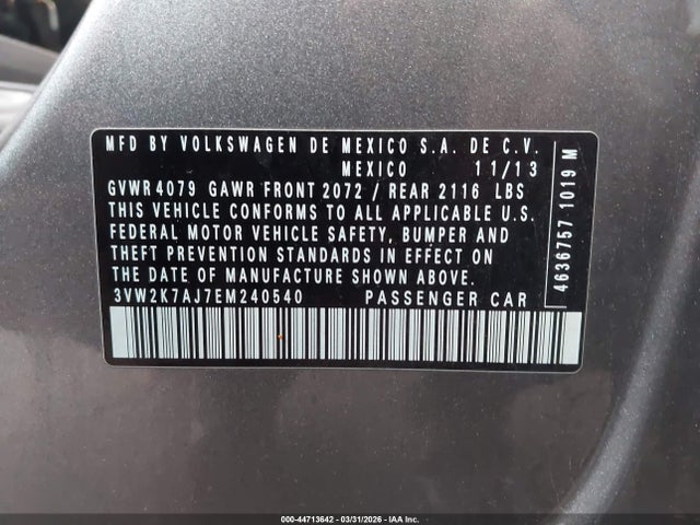44713642 :رقم المزاد ، 3VW2K7AJ7EM240540 vin ، 2014 Volkswagen Jetta 2.0l S مزاد بيع