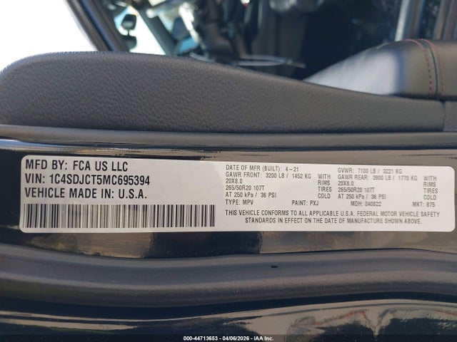 44713653 :رقم المزاد ، 1C4SDJCT5MC695394 vin ، 2021 Dodge Durango R/t Awd مزاد بيع