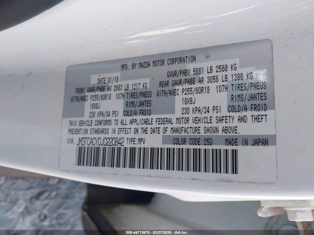 44713678 :رقم المزاد ، JM3TCACY0J0220842 vin ، 2018 Mazda Cx-9 Touring مزاد بيع