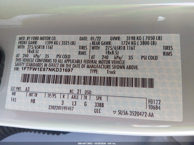 Ford F-150 Lariat 2022 1FTFW1E87NKD31697 Image 9
