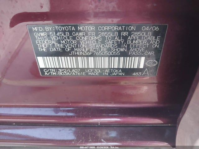 44713699 :رقم المزاد ، JTHBN36F765050055 vin ، 2006 Lexus Ls 430 مزاد بيع