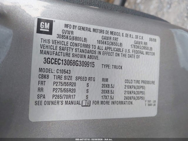 44713715 :رقم المزاد ، 3GCEC13068G309915 vin ، 2008 Chevrolet Silverado 1500 Lt1 مزاد بيع