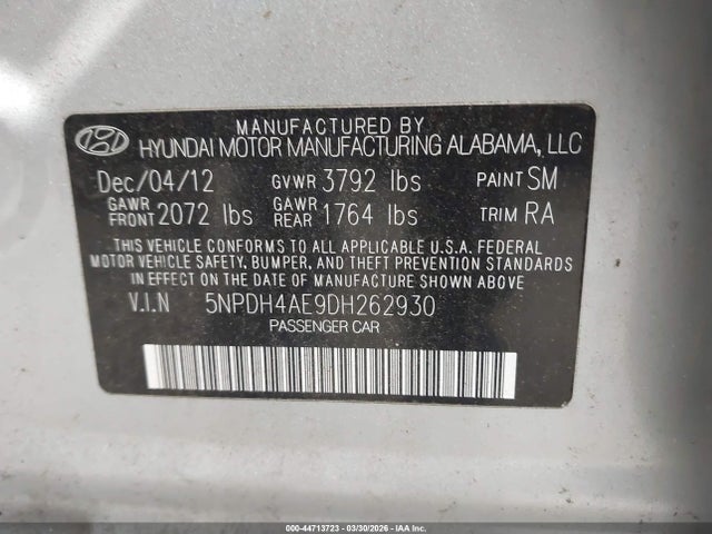 44713723 :رقم المزاد ، 5NPDH4AE9DH262930 vin ، 2013 Hyundai Elantra Gls مزاد بيع