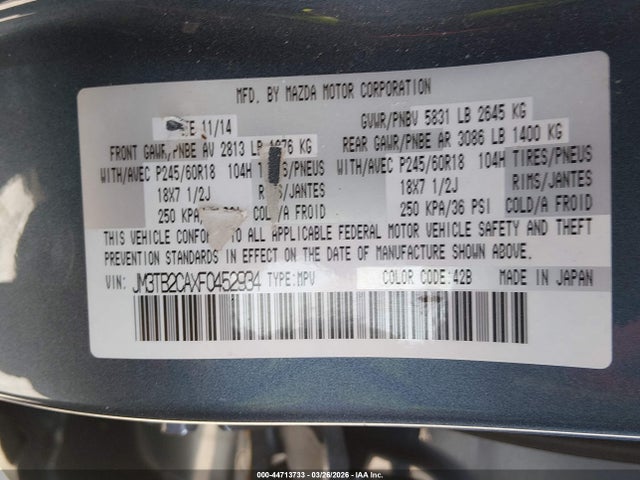 44713733 :رقم المزاد ، JM3TB2CAXF0452934 vin ، 2015 Mazda Cx-9 Touring مزاد بيع