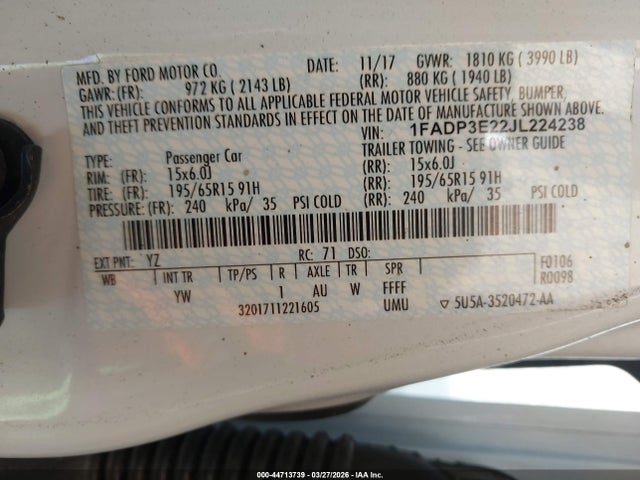 Aukcja sprzedaży 2018 Ford Focus S, vin: 1FADP3E22JL224238, numer aukcji: 44713739
