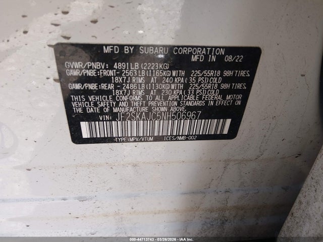 Aukcja sprzedaży 2022 Subaru Forester Sport, vin: JF2SKAJC5NH506967, numer aukcji: 44713743