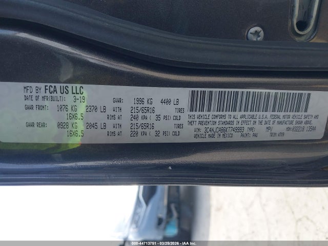 Продажа на аукционе авто 2019 Jeep Compass Sport Fwd, vin: 3C4NJCAB6KT749993, номер лота: 44713751
