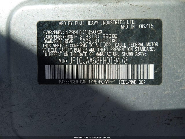 2015 Subaru Impreza 2.0i მანქანა იყიდება აუქციონზე, vin: JF1GJAA68FH019478, აუქციონის ნომერი: 44713756