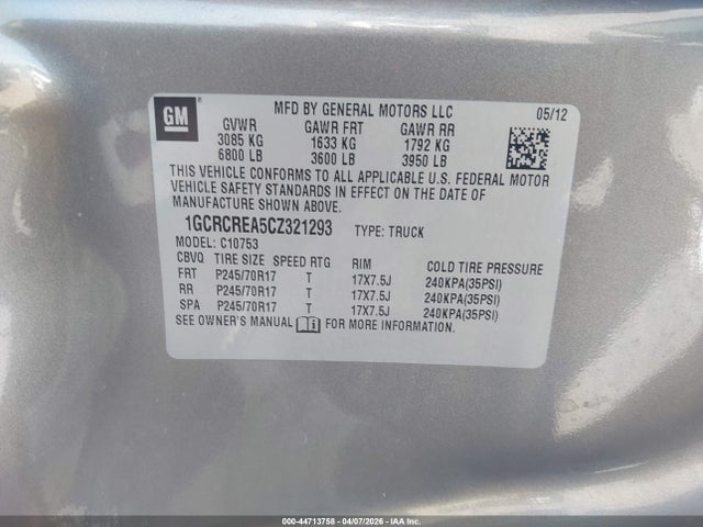 44713758 :رقم المزاد ، 1GCRCREA5CZ321293 vin ، 2012 Chevrolet Silverado 1500 Ls مزاد بيع