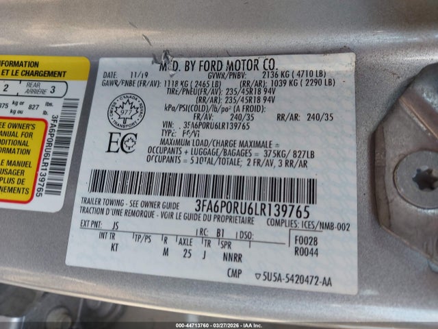 Aukcja sprzedaży 2020 Ford Fusion Hybrid Titanium, vin: 3FA6P0RU6LR139765, numer aukcji: 44713760