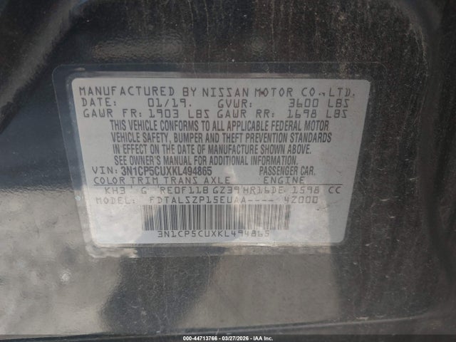 3N1CP5CUXKL494865 Nissan KICKS SV