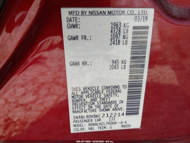 Aukcja sprzedaży 2019 Nissan Altima 2.5 Sv, vin: 1N4BL4DV8KC212214, numer aukcji: 44713809