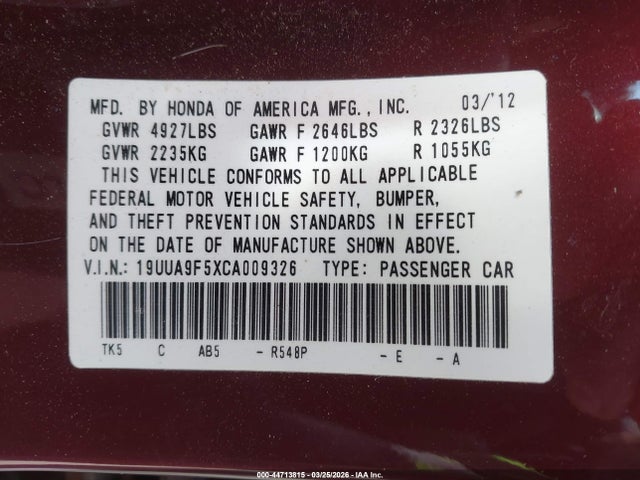 44713815 :رقم المزاد ، 19UUA9F5XCA009326 vin ، 2012 Acura Tl 3.7 مزاد بيع