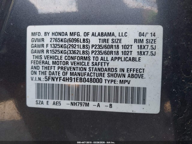 Honda Pilot Touring 2014 5FNYF4H91EB048000 Image 9