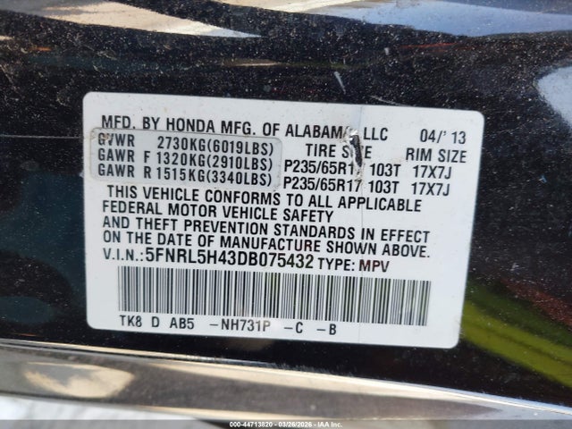 2013 Honda Odyssey Ex მანქანა იყიდება აუქციონზე, vin: 5FNRL5H43DB075432, აუქციონის ნომერი: 44713820