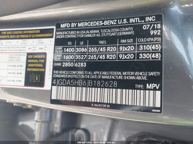 Aukcja sprzedaży 2018 Mercedes-benz Gle 350 4matic, vin: 4JGDA5HB6JB182628, numer aukcji: 44713821