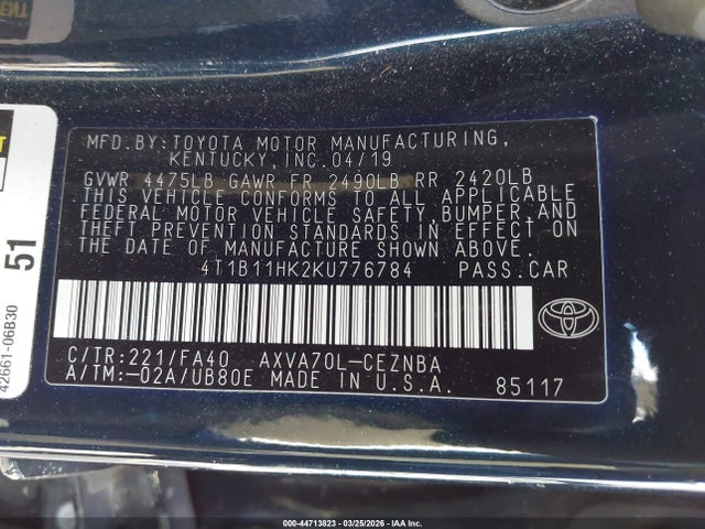 2019 TOYOTA CAMRY 4T1B11HK2KU776784 Photo 8