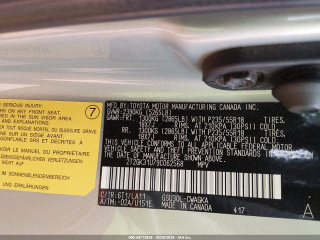 44713826 :رقم المزاد ، 2T2GK31U79C062568 vin ، 2009 Lexus Rx 350 مزاد بيع