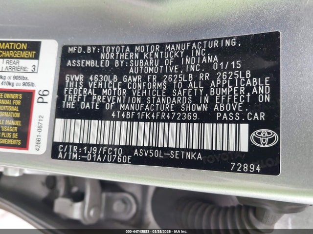 Продажа на аукционе авто 2015 Toyota Camry Le, vin: 4T4BF1FK4FR472369, номер лота: 44713831