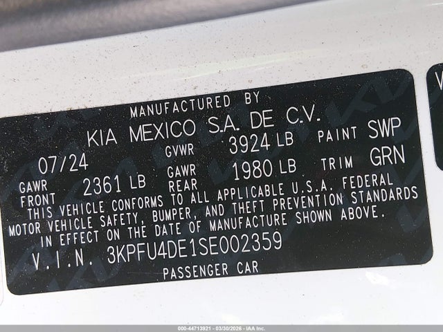 44713921 :رقم المزاد ، 3KPFU4DE1SE002359 vin ، 2025 Kia K4 Ex مزاد بيع