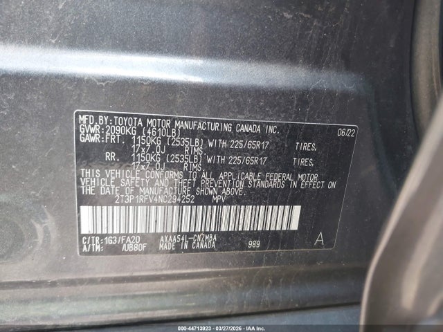 44713923 :رقم المزاد ، 2T3P1RFV4NC294252 vin ، 2022 Toyota Rav4 Xle مزاد بيع