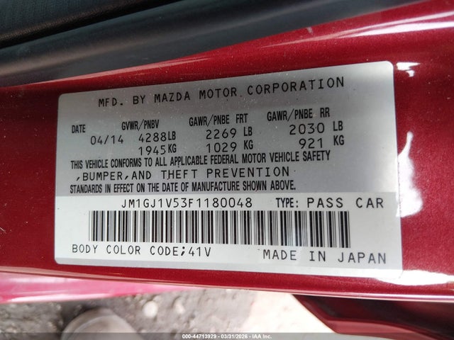 44713929 :رقم المزاد ، JM1GJ1V53F1180048 vin ، 2015 Mazda Mazda6 مزاد بيع