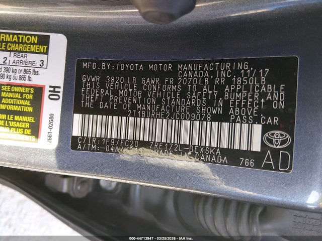 2T1BURHE2JC009078 Toyota COROLLA SE