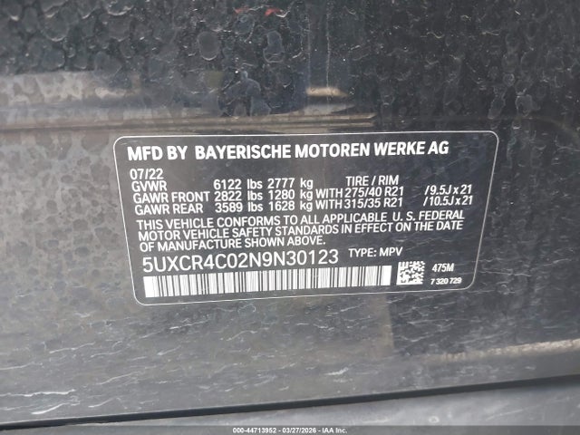 2022 Bmw X5 Sdrive40i მანქანა იყიდება აუქციონზე, vin: 5UXCR4C02N9N30123, აუქციონის ნომერი: 44713952