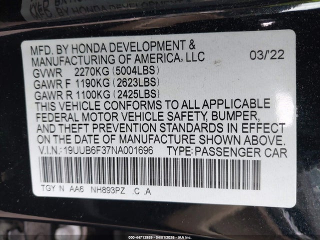 19UUB6F37NA001696 Acura Tlx Standard