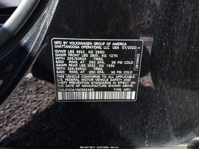 Продажа на аукционе авто 2022 Volkswagen Atlas 2.0t Se W/technology, vin: 1V2JP2CA1NC562493, номер лота: 44713973