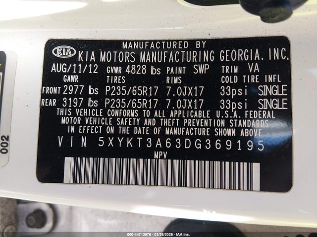 Продажа на аукционе авто 2013 Kia Sorento Lx, vin: 5XYKT3A63DG369195, номер лота: 44713976