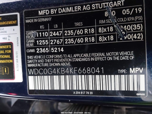 Aukcja sprzedaży 2019 Mercedes-benz Glc 300 4matic, vin: WDC0G4KB4KF668041, numer aukcji: 44713980