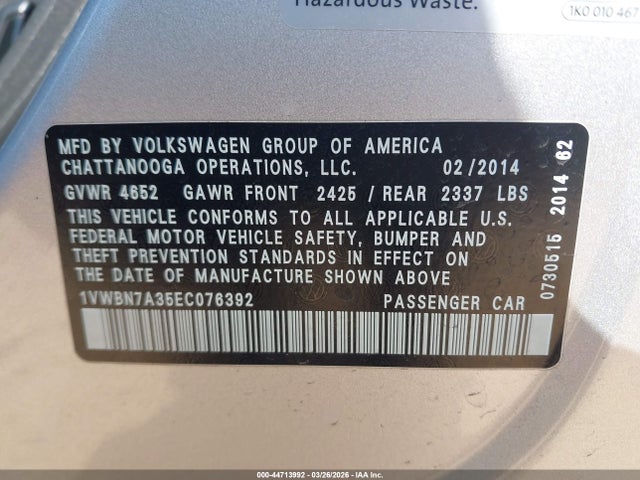 Aukcja sprzedaży 2014 Volkswagen Passat 2.0l Tdi Se, vin: 1VWBN7A35EC076392, numer aukcji: 44713992