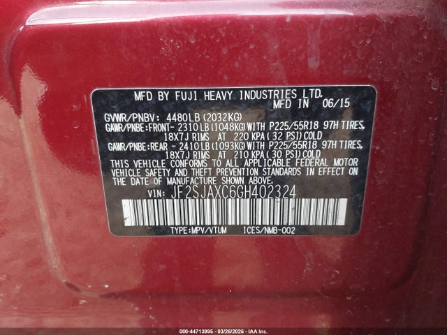 Продаж на аукціоні авто 2016 Subaru Forester 2.5i Touring, vin: JF2SJAXC6GH402324, номер лоту: 44713995