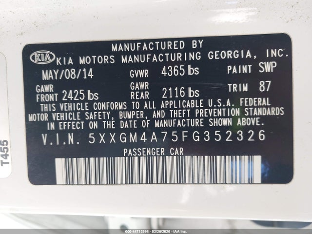 Auction sale of the 2015 Kia Optima Lx, vin: 5XXGM4A75FG352326, lot number: 44713998