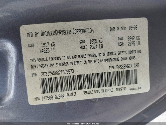 44713999 :رقم المزاد ، 3C3JY45X67T539573 vin ، 2007 Chrysler Pt Cruiser مزاد بيع