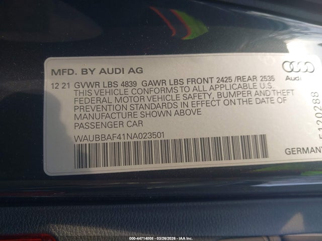 2022 Audi A4 Premium Plus 40 Tfsi Quattro S Tronic მანქანა იყიდება აუქციონზე, vin: WAUBBAF41NA023501, აუქციონის ნომერი: 44714008