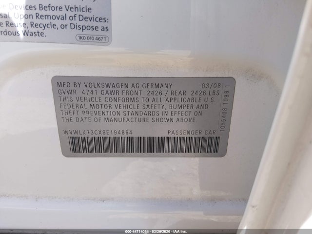 2008 Volkswagen Passat Komfort მანქანა იყიდება აუქციონზე, vin: WVWLK73CX8E194864, აუქციონის ნომერი: 44714014