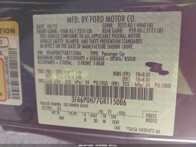 2016 FORD FUSION 3FA6P0H77GR115086 Photo 8