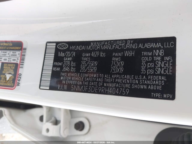 44714024 :رقم المزاد ، 5NMJF3DE9RH404759 vin ، 2024 Hyundai Tucson Sel مزاد بيع