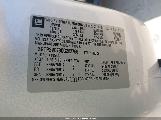 Aukcja sprzedaży 2012 Gmc Sierra 1500 Sle, vin: 3GTP2VE79CG202766, numer aukcji: 44714041
