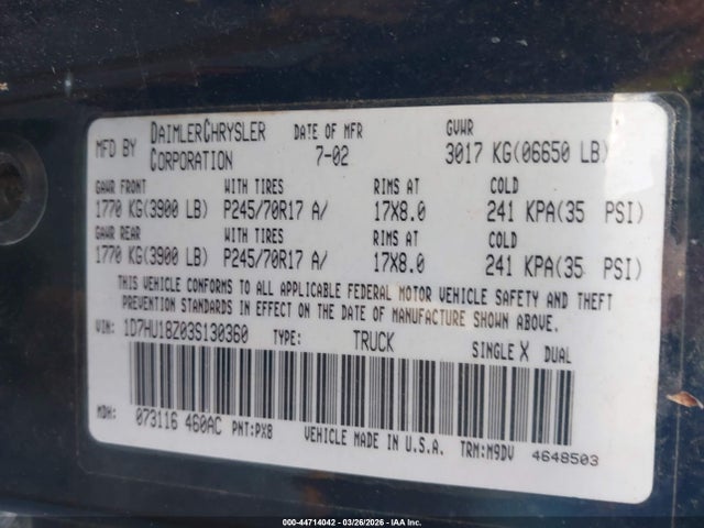 Продажа на аукционе авто 2003 Dodge Ram 1500 Slt/laramie/st, vin: 1D7HU18Z03S130360, номер лота: 44714042