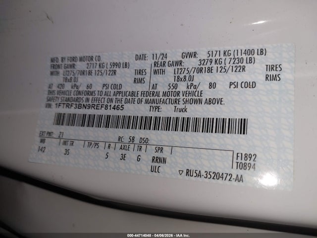 44714048 :رقم المزاد ، 1FTRF3BN9REF81465 vin ، 2024 Ford F-350 Xlt مزاد بيع