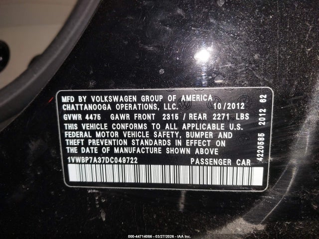 Продаж на аукціоні авто 2013 Volkswagen Passat 2.5l Se, vin: 1VWBP7A37DC049722, номер лоту: 44714086