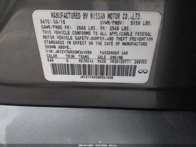 2016 Infiniti Q50 3.0t Premium მანქანა იყიდება აუქციონზე, vin: JN1EV7AR0GM341658, აუქციონის ნომერი: 44714087