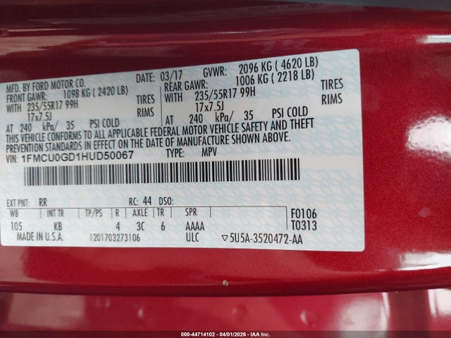 44714102 :رقم المزاد ، 1FMCU0GD1HUD50067 vin ، 2017 Ford Escape Se مزاد بيع