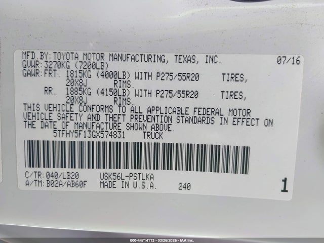 5TFHY5F13GX574831 Toyota Tundra Limited 5.7l V8